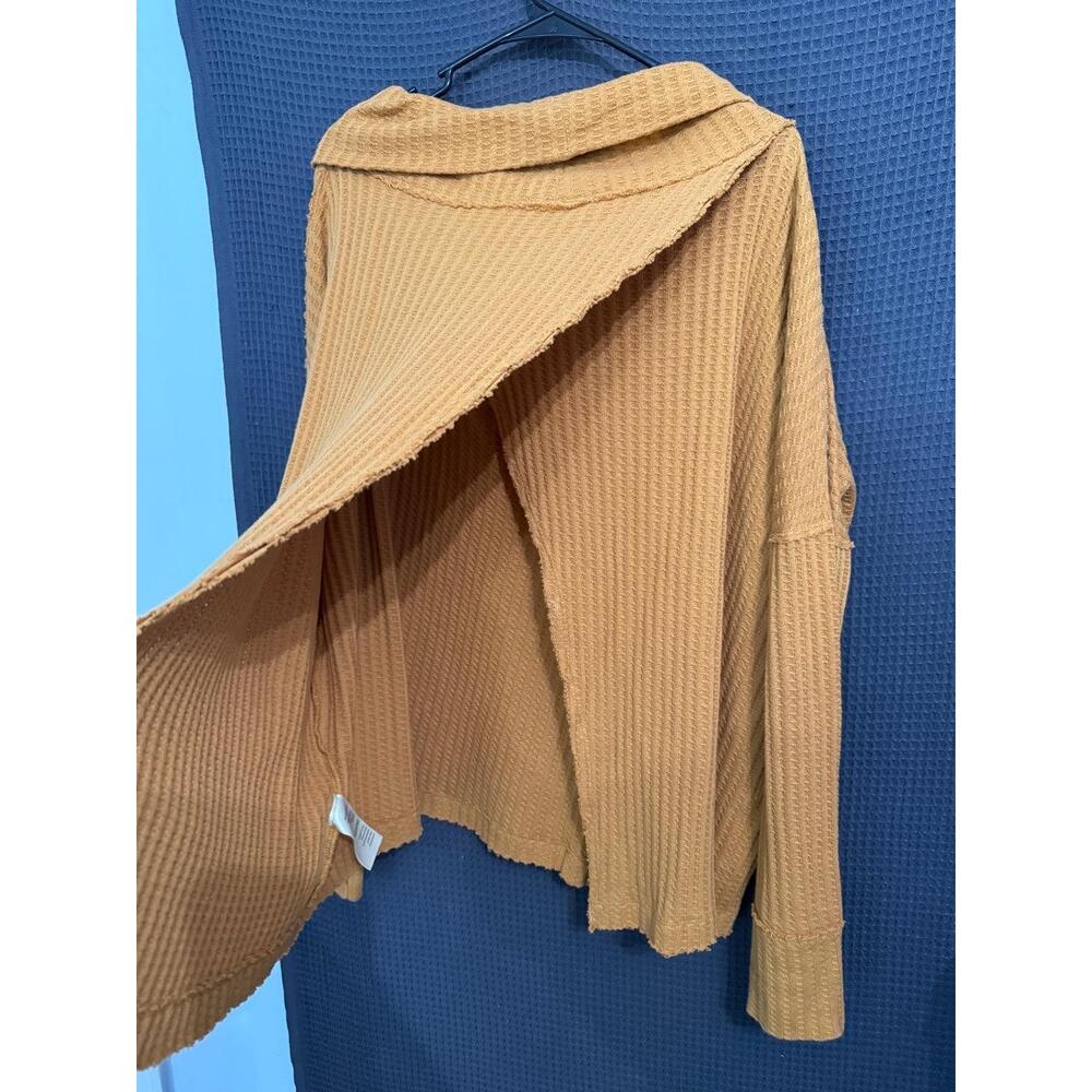 Free People  Top Womens Medium Mustard Yellow Waffle Knit Raw Hem Cowl Neck Cozy - Picture 3 of 11